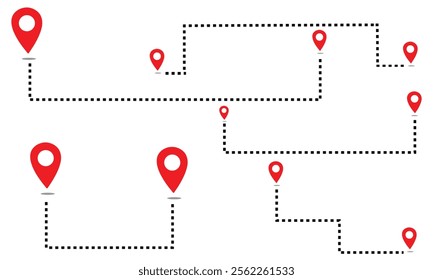 Route location icon, two pin sign and dotted line road, start and end journey symbol, black color vector illustration isolated on white background.