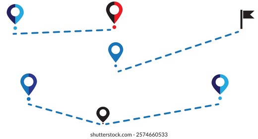 Route location icon, two pin sign and dotted line road, start and end journey symbol, black color vector illustration