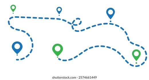 Route location icon, two pin sign and dotted line road, start and end journey symbol, black color vector illustration isolated on white background.