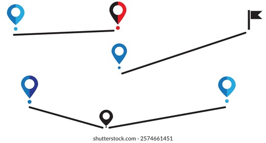 Route location icon, two pin sign and dotted line road, start and end journey symbol, black color vector illustration isolated on white background.
