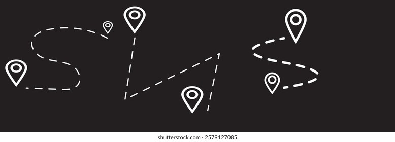 Route location icon, two pin sign and dotted line road, start and end journey symbol, black color vector illustration isolated on white background.