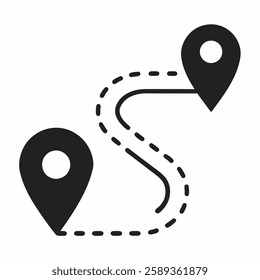 Route location icon, two pin sign and dotted line road, start and end journey symbol, black color vector on white background.