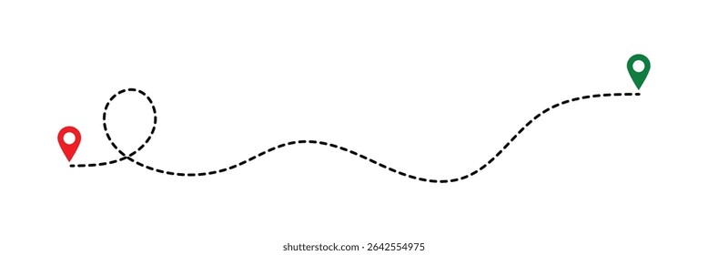 Ícone de localização de rota, sinal de dois pinos e estrada de linha pontilhada, início e fim da jornada símbolo, cor preta vetor ilustração isolado no fundo branco em eps 10.