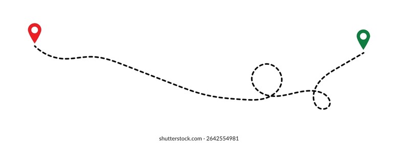 Route location icon, two pin sign and dotted line road, start and end journey symbol, black color vector illustration isolated on white background in eps 10.