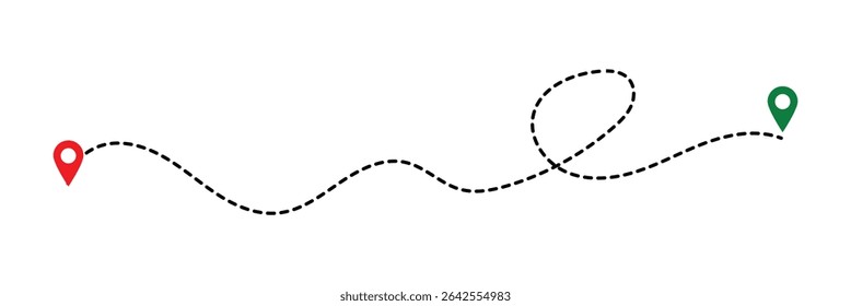 Route location icon, two pin sign and dotted line road, start and end journey symbol, black color vector illustration isolated on white background in eps 10.