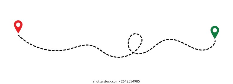 Route location icon, two pin sign and dotted line road, start and end journey symbol, black color vector illustration isolated on white background in eps 10.