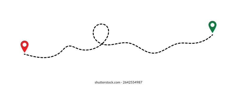 Route location icon, two pin sign and dotted line road, start and end journey symbol, black color vector illustration isolated on white background in eps 10.