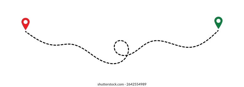 Route location icon, two pin sign and dotted line road, start and end journey symbol, black color vector illustration isolated on white background in eps 10.