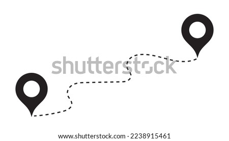 Route location icon, two pin signs and dotted road line, path start and end symbol on white background. Vector illustration
