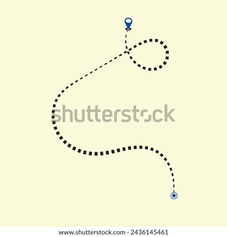 Route location icon, two pin sign and dotted line road, start and end journey symbol, black color vector illustration isolated on white background. GPS navigation line route mark