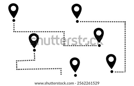 Route location icon, two pin sign and dotted line road, start and end journey symbol, black color vector illustration isolated on white background.