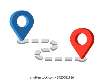 Route location icon. Two pins, blue pin, red pointer and dashed line as concept of travel map navigation, destination point, GPS tracking. Modern simple flat vector illustration of roadmap sign.