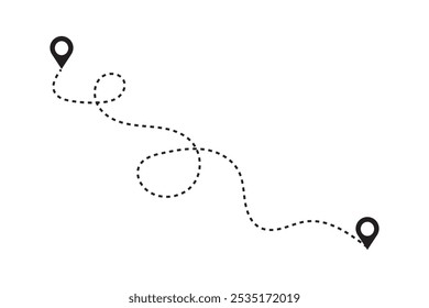 Route location icon two points with dotted line path and location pin.  Travel from start point and end point journey symbol. black color vector illustration isolated on white background.
