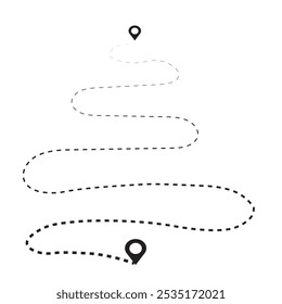 
Icono de ubicación de ruta dos puntos con trazado de línea punteada y pin de ubicación.  Viaje desde el punto de inicio y el símbolo de viaje del punto final. Ilustración vectorial de color negro aislado sobre fondo blanco.
