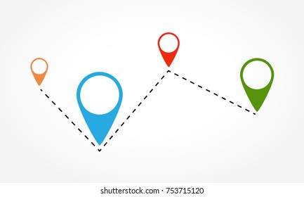 Route Location Icon. Vector Illustration. Several Colored Map Markers On The Dotted Line.