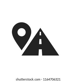 Route location symbol, map pin sign and road, black icon, vector illustration isolated on white background