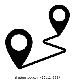 Route location vector icon. Travel from start to end point. Roadmap symbol. GPS path sign. Distance, geo pin, start and finish.