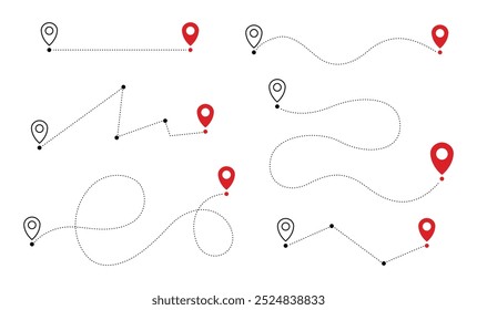 Conjunto de ícones da forma da localização do roteiro. Geolocalização alfinetes mapa de viagem. Caminho dos pontos de navegação do GPS. Rastreamento de trilhas pontilhadas. Objetos isolados no plano de fundo branco.