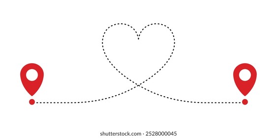 Forma da localização do roteiro. Dia dos Namorados. Rastreamento de trilhas pontilhadas. Objeto isolado no plano de fundo branco. 