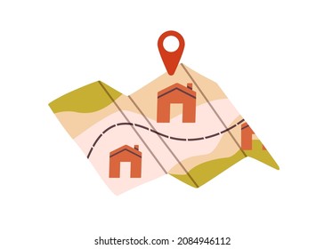 Route And Locations Marked With Pin On Paper City Map. GPS Navigator With Pointer On Place Of Destination And Path. Navigation Concept. Flat Vector Illustration Isolated On White Background