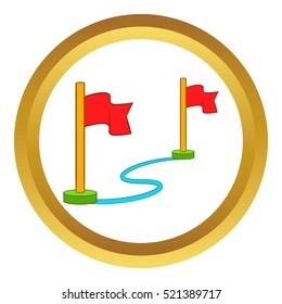 Route with a locator flags vector icon in golden circle, cartoon style isolated on white background
