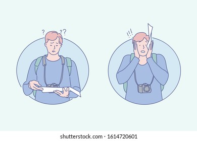 Route loss, way search, confusion emotion concept. Abashment and perplexity, lostness, misfortune, traveler, tourist at loss, man with map, photographer with camera. Simple flat vector