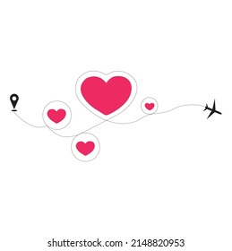 The route of love travel by plane. the plane draws a dotted lines the shape of the heart.