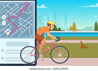 Route map. Cartoon background with velocity route cyclist in urban park. Vector illustration