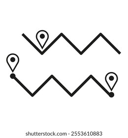 Route map icon. Zigzag path symbol. Location pin vector. Navigation route graphic.