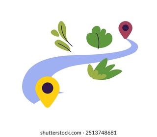 Route map illustration with pin markers and leaves, in a flat style. Vector illustration ideal for navigation, travel, or journey-related content.