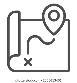 Route map and location pin line icon, marine navigation concept. Vector graphics. Map paper with geolocation sign on white background, outline style icon for mobile or web design