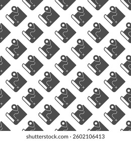 Route map and location pin solid seamless pattern, marine navigation theme. Vector graphics. Map paper with geolocation sign with background, repeat glyph icon