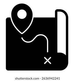 Route map and location pin solid icon, marine navigation concept. Vector graphics. Map paper with geolocation sign on white background, style mobile or design