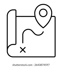 Mapa de rota e localização pin ícone de linha fina, conceito de navegação marítima. Gráficos vetoriais. Papel de mapa com sinal de geolocalização sobre fundo branco, estilo móvel ou design