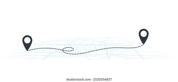 Mapa de rotas com pinos de navegação. Mapa de ruas com marcadores entre dois locais. Navegação por GPS, roteiro.
