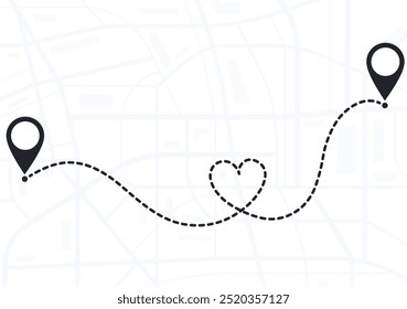 Mapa de rotas com pinos de navegação. Mapa de ruas com marcadores entre dois locais. Navegação por GPS, roteiro.