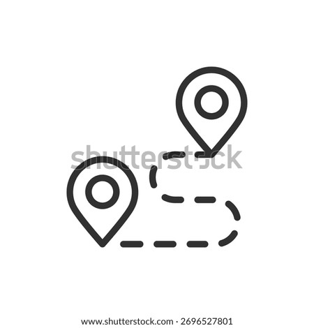 Route with map pins, linear icon. Navigation and travel direction. Line with editable stroke.