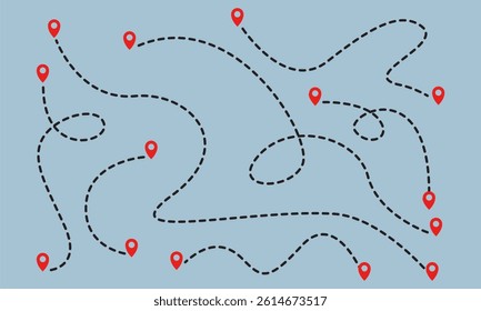 Route Map with Red Markers and Dotted Lines	