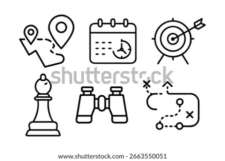 Route Map, Timeline Calendar, Target Goal, Chess Piece, Binoculars, and Strategic Plan Line Icons