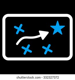 Route Map vector icon. Style is bicolor flat symbol, blue and white colors, rounded angles, black background.