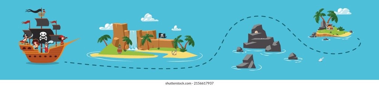 Route of marine adventure for searching pirates treasure, flat vector illustration. Marine pirate island map or route with uninhabited isle and treasure chest.