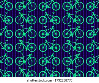 Route and mountain Bicycle vector set collage with Cold green and blue colors and bike chain pattern at background