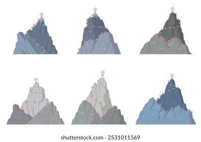 Route to mountain peak alpinism scheme for climbing expedition set isometric vector illustration. Alpinist extreme sport trekking to cliff rock top star achievement aim victory way increase direction