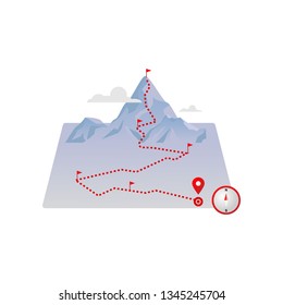 Route mountains map with red flags and paved dotted road lines
