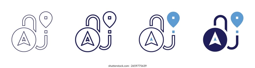 Icono de navegación de ruta en 4 estilos diferentes. Línea delgada, línea, línea en negrita, duotono. Estilo duotono. Trazo editable.