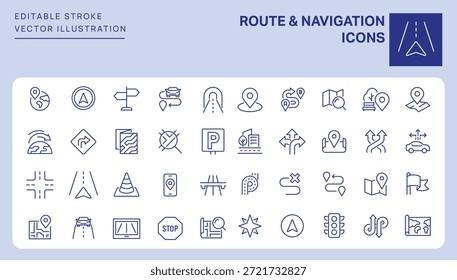 Routen- und Navigationssymbole. Bearbeitbarer Strich. Satz von Symbolen für dünne Linien.