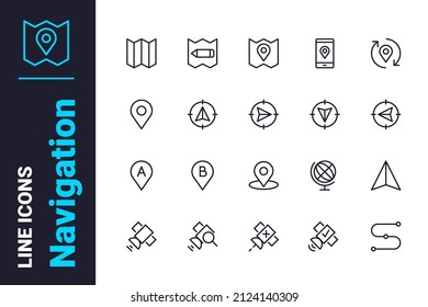 Route and navigation icons set vector illustration. Route, gps and geolocation pins line icon. Map, direction and gps concept