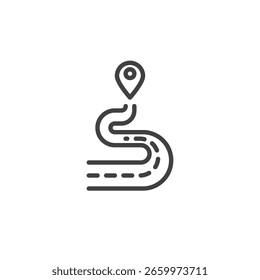 Route navigation line icon. Outline vector icon of a winding path with markers. This icon is a travel symbol for planned routes and directions.