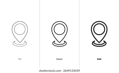 Route and navigation line icons. thin, regular and bold line icons. location pin with circle. map pointer, gps, direction