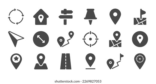 Route, navigation, map pin, point icons set
